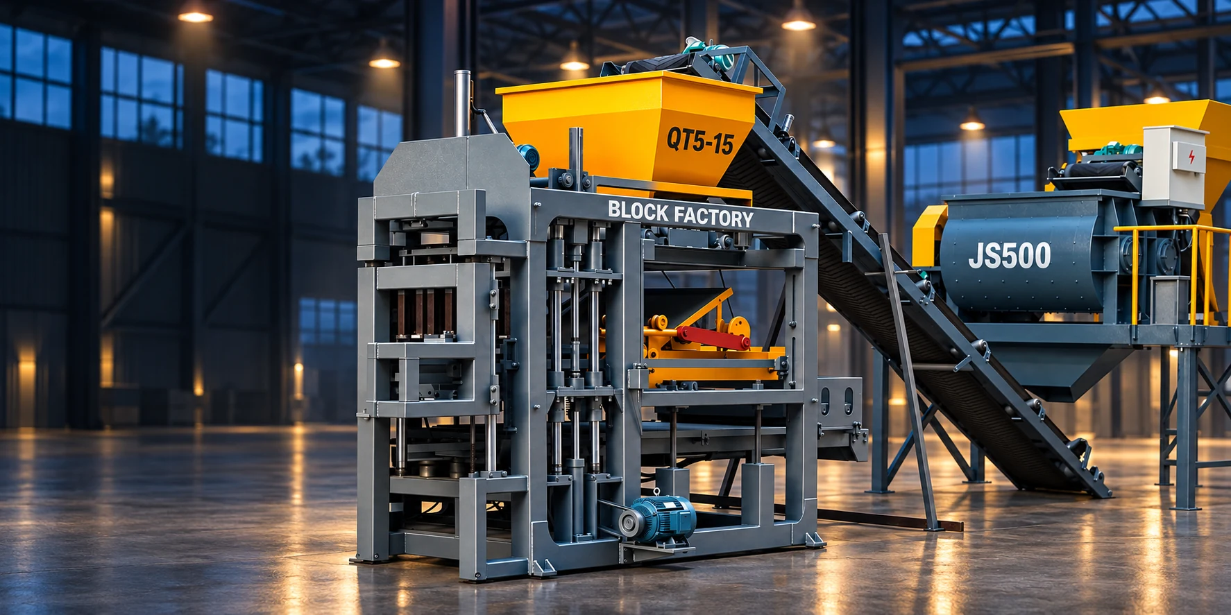 The QT5-15 main machine with its yellow hopper, inclined feeding conveyor and JS500 mixer under warm factory lighting.