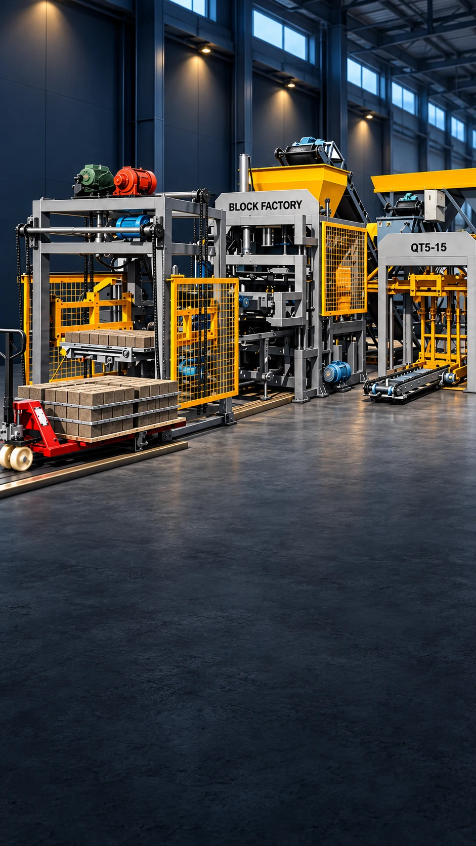 The Block Factory QT5-15 production line in a factory hall: stacker, main machine, QT5-15 pallet unit and PLD1200 batching station, with a pallet of blocks in front.