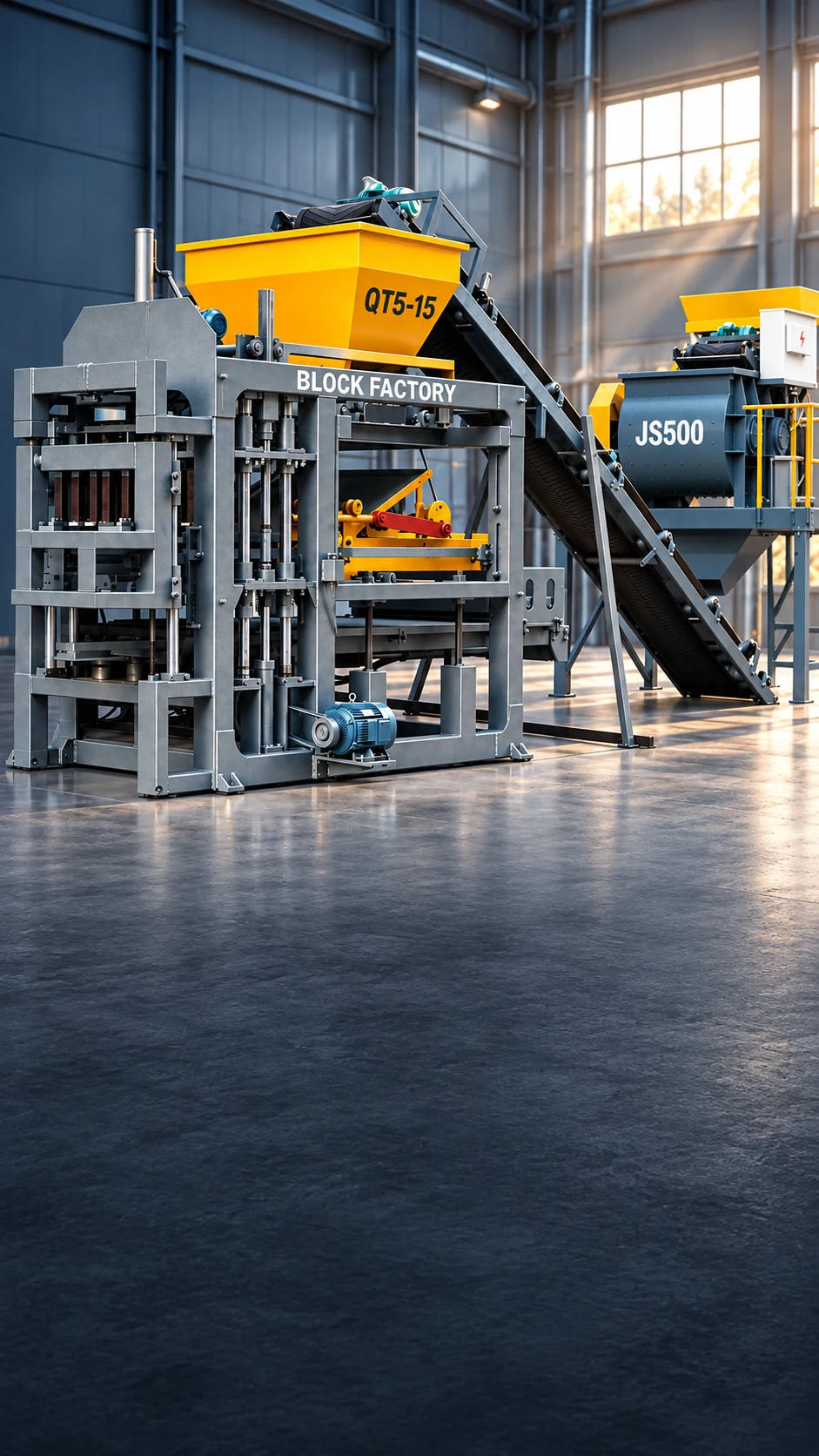 The Block Factory QT5-15 main machine with its yellow hopper, inclined feeding conveyor and JS500 mixer in a sunlit factory hall.