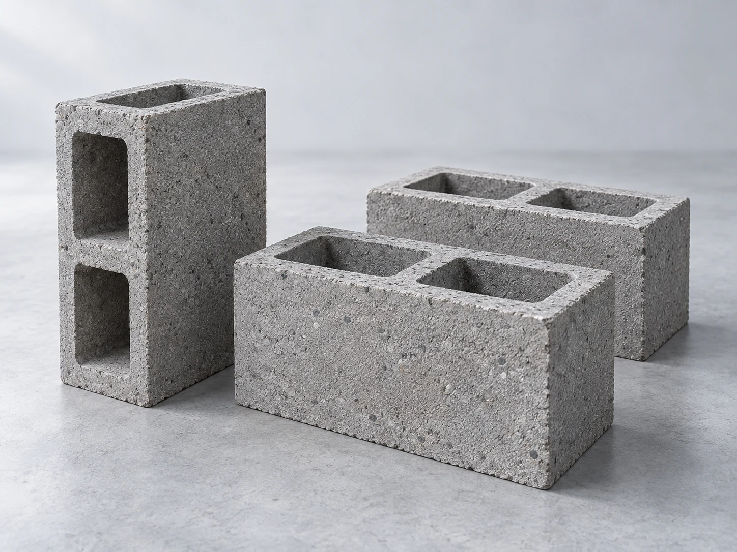 Three grey concrete hollow blocks with two rectangular cavities each.