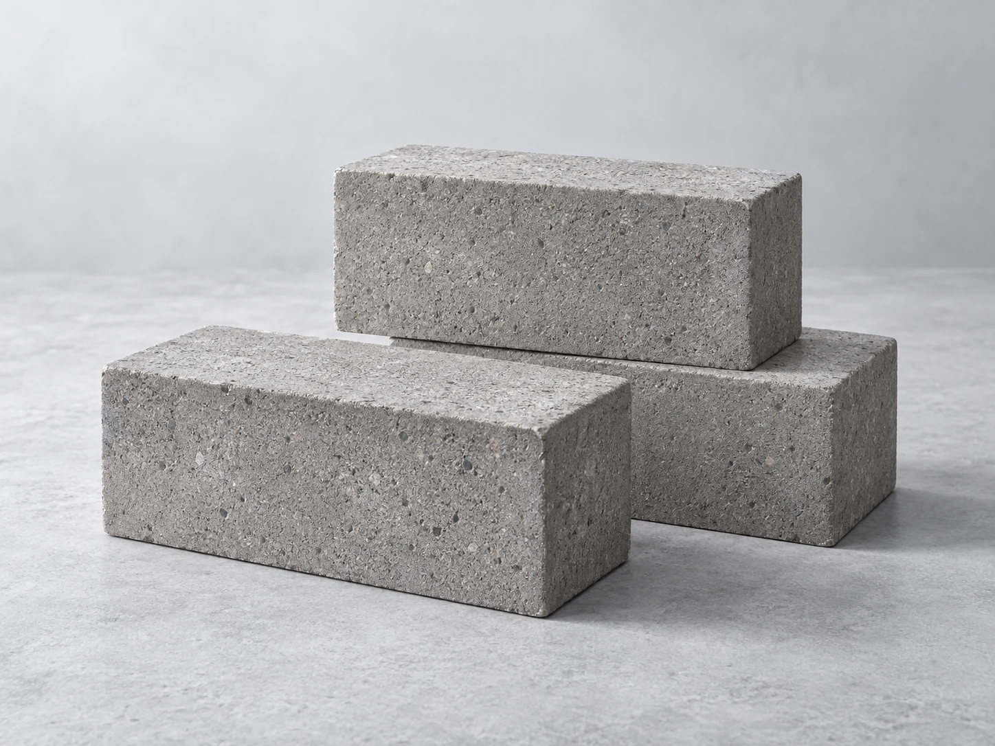 Three grey solid concrete bricks, two side by side with one stacked on top.