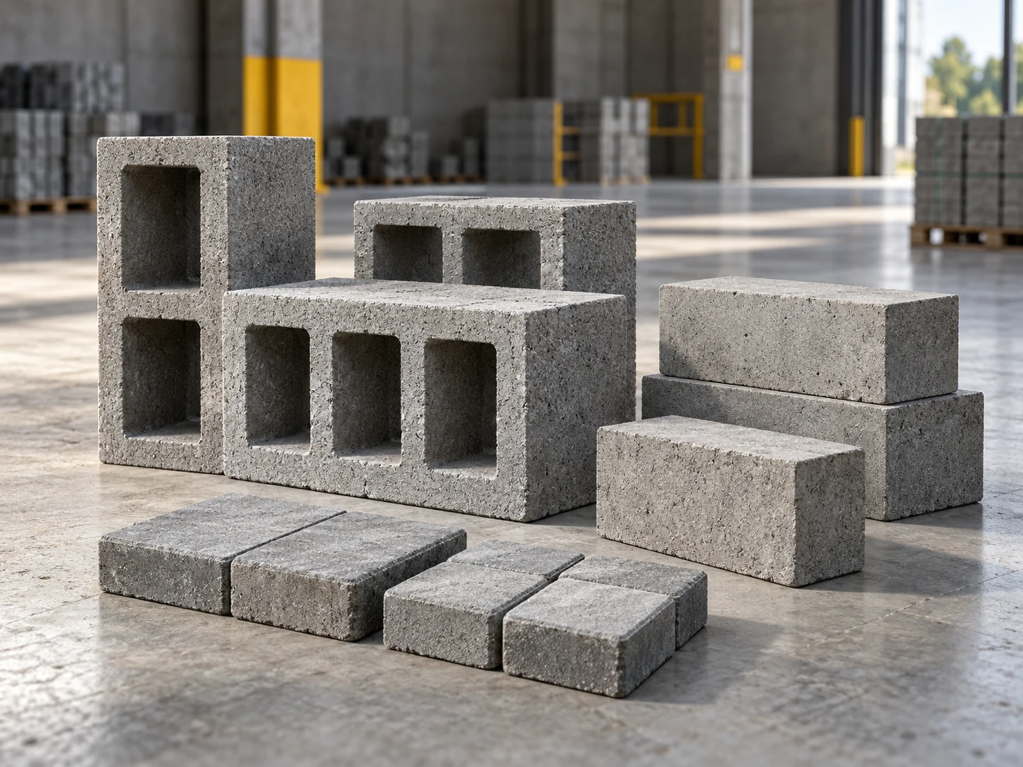 Grey concrete products on a factory floor: hollow blocks with rectangular cavities, solid bricks and paving blocks.